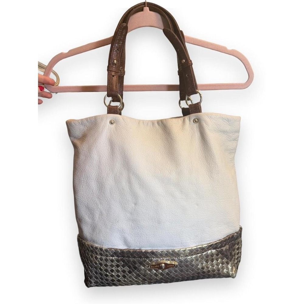 Elliott Lucca white & silver leather tote bag with silver woven texture